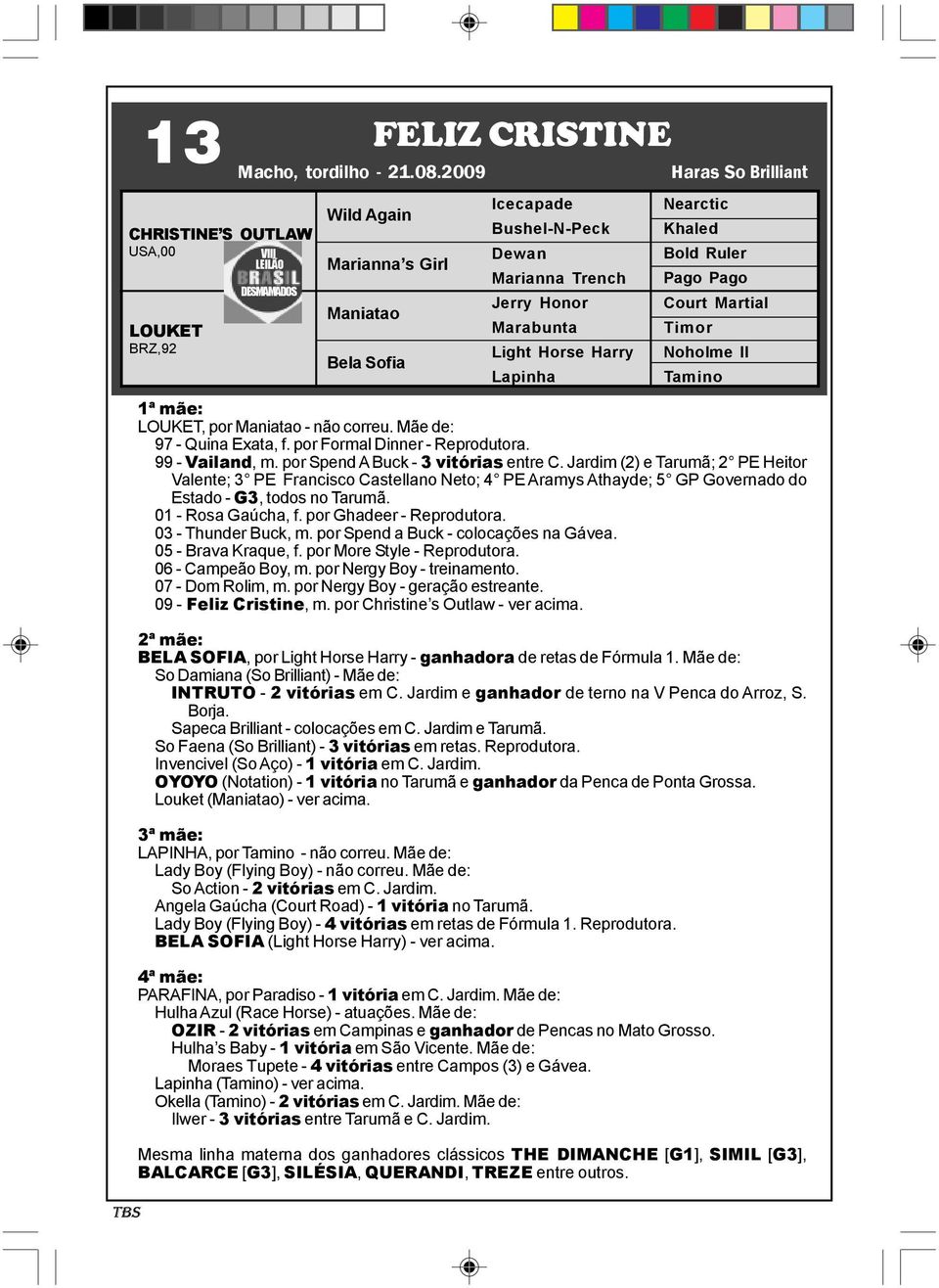 LOUKET, por Maniatao - não correu. Mãe de: 97 - Quina Exata, f. por Formal Dinner - Reprodutora. 99 - Vailand, m. por Spend A Buck - 3 vitórias entre C.