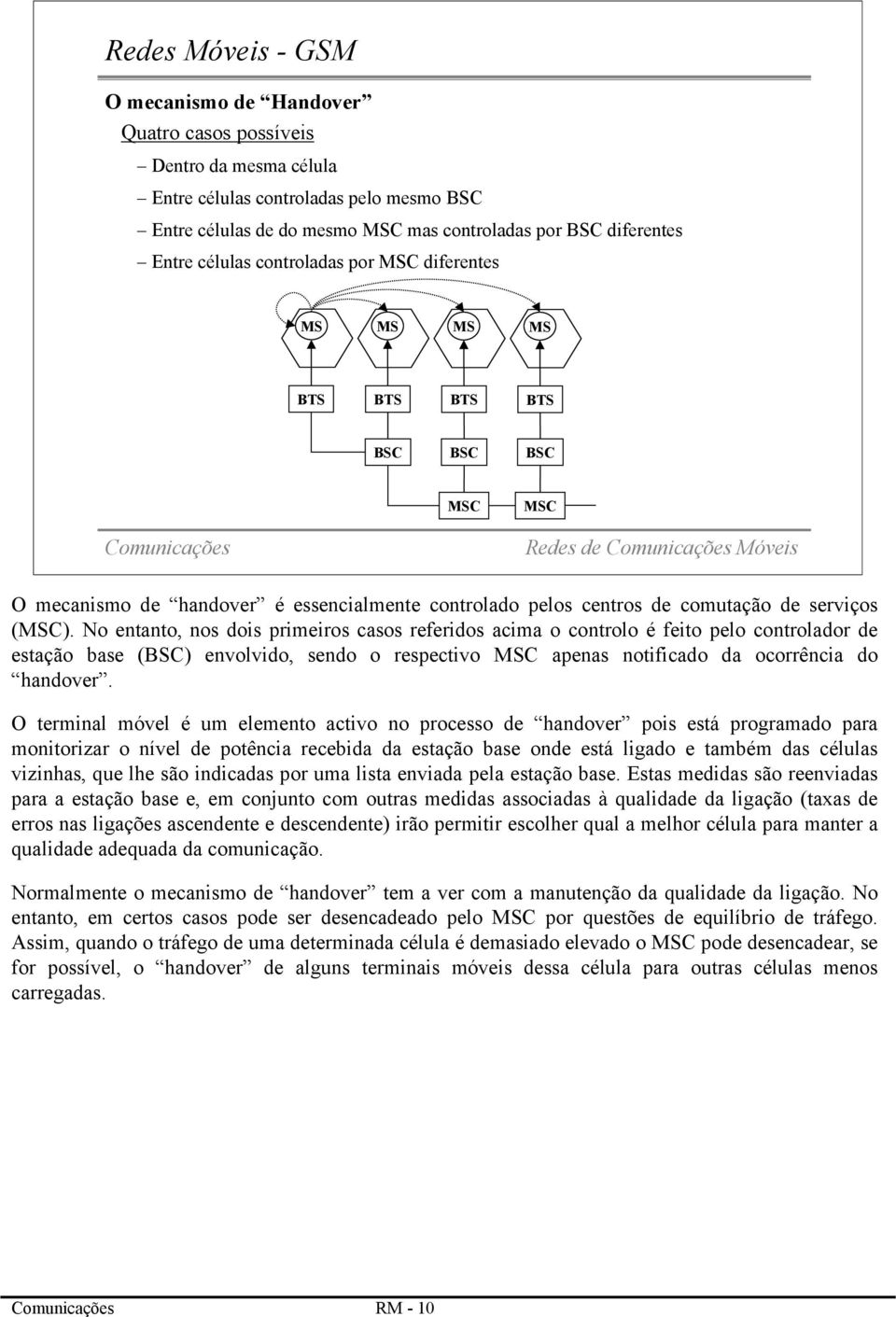 (MSC). No entanto, nos dois primeiros casos referidos acima o controlo é feito pelo controlador de estação base (BSC) envolvido, sendo o respectivo MSC apenas notificado da ocorrência do handover.