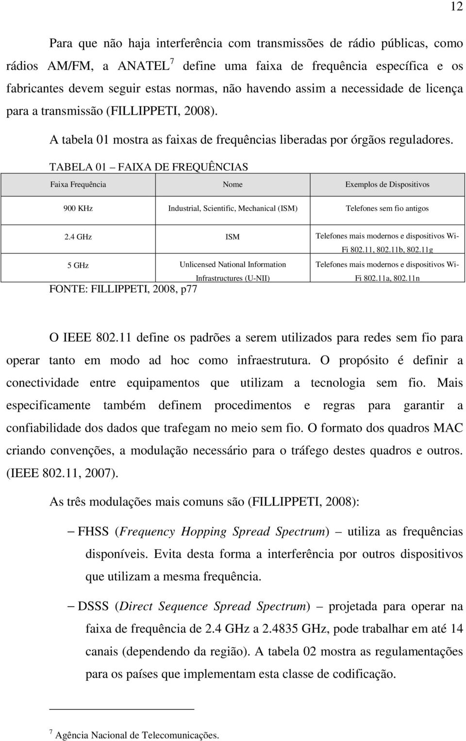 TABELA 01 FAIXA DE FREQUÊNCIAS Faixa Frequência Nome Exemplos de Dispositivos 900 KHz Industrial, Scientific, Mechanical (ISM) Telefones sem fio antigos 2.