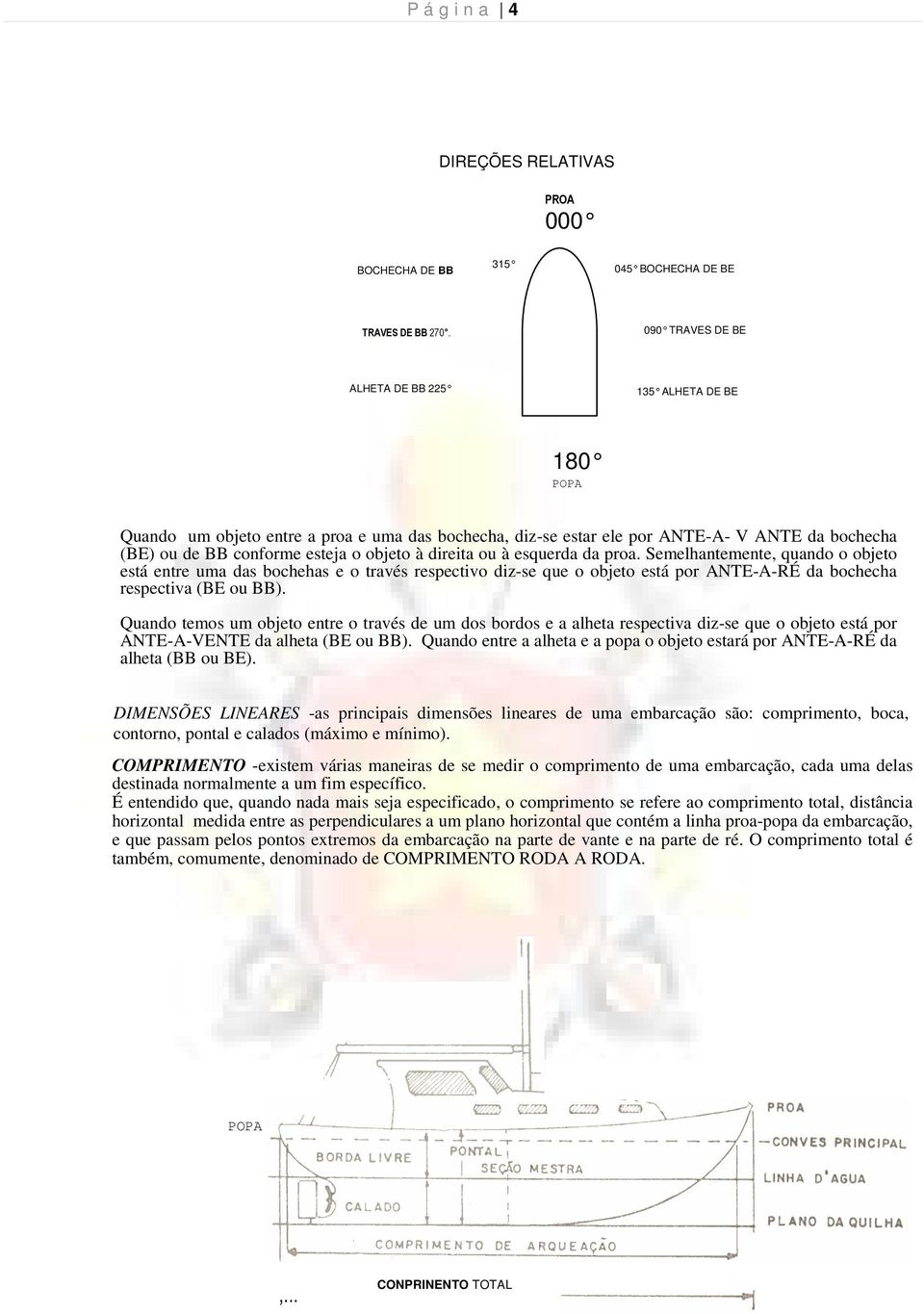 direita ou à esquerda da proa. Semelhantemente, quando o objeto está entre uma das bochehas e o través respectivo diz-se que o objeto está por ANTE-A-RÉ da bochecha respectiva (BE ou BB).