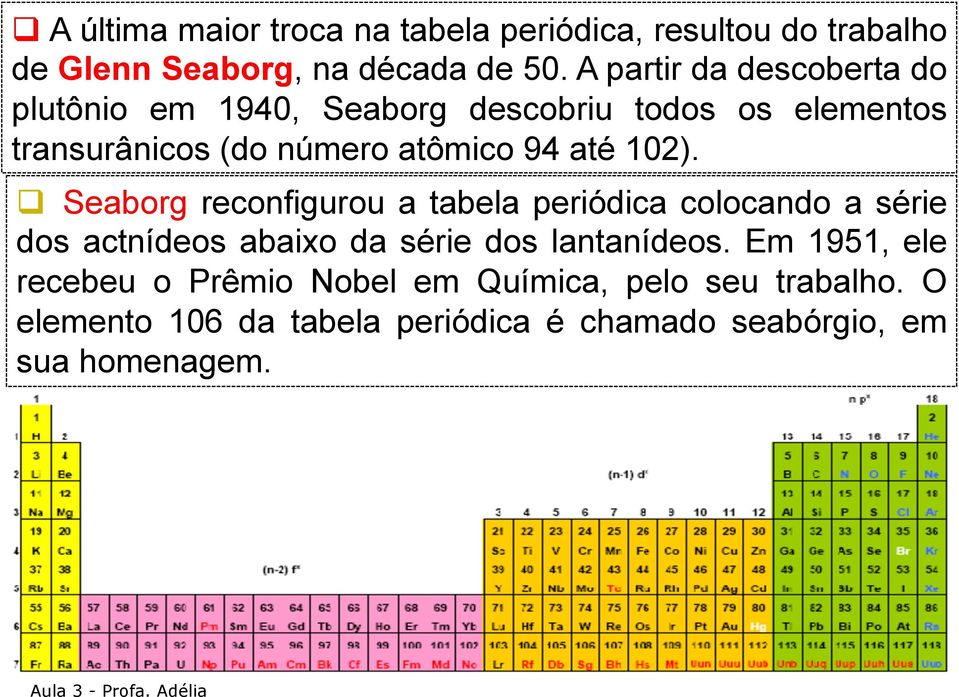 até 102). q Seaborg reconfigurou a tabela periódica colocando a série dos actnídeos abaixo da série dos lantanídeos.