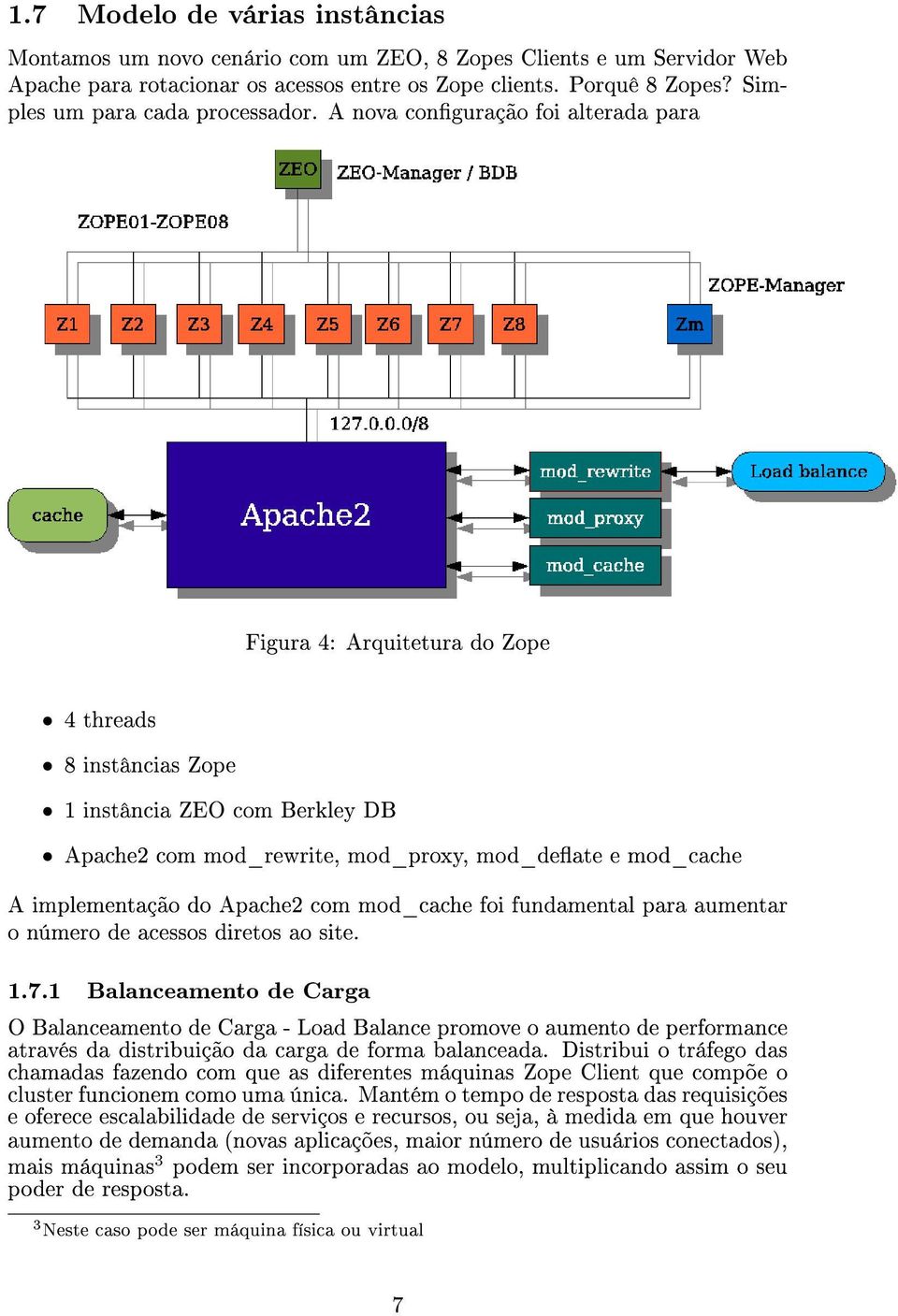 A nova conguração foi alterada para 4 threads 8 instâncias Zope 1 instância ZEO com Berkley DB Figura 4: Arquitetura do Zope Apache2 com mod_rewrite, mod_proxy, mod_deate e mod_cache A implementação