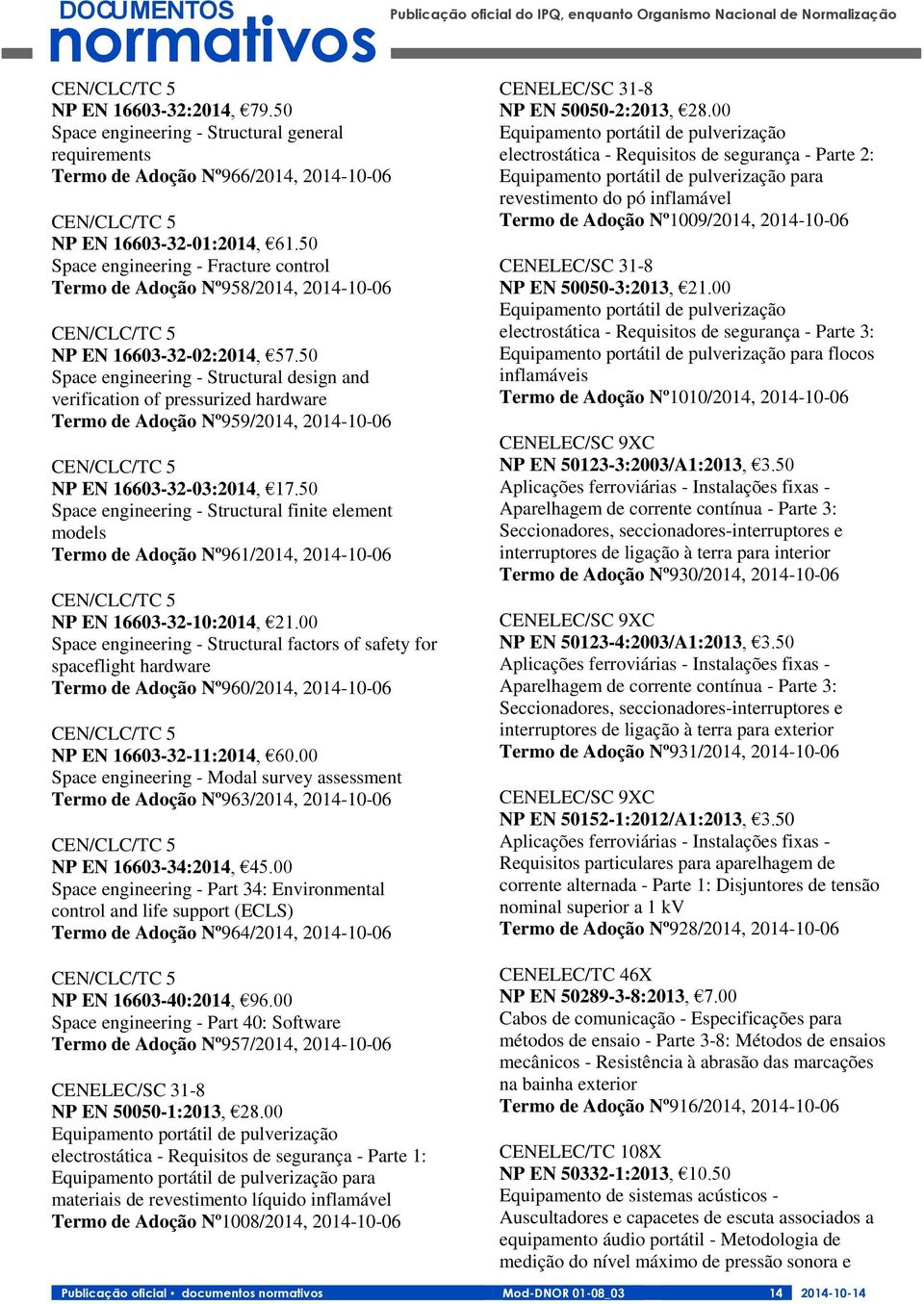 50 Space engineering - Structural design and verification of pressurized hardware Termo de Adoção Nº959/2014, 2014-10-06 CEN/CLC/TC 5 NP EN 16603-32-03:2014, 17.