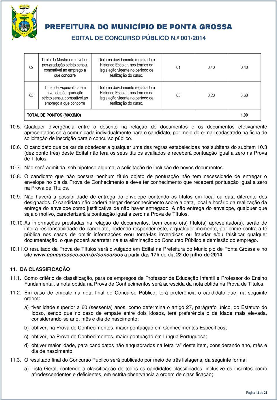 01 0,40 0,40 03 Título de Especialista em nível de pós-gradução stricto sensu, compatível ao emprego a que concorre Diploma devidamente registrado e Histórico Escolar, nos termos da legislação