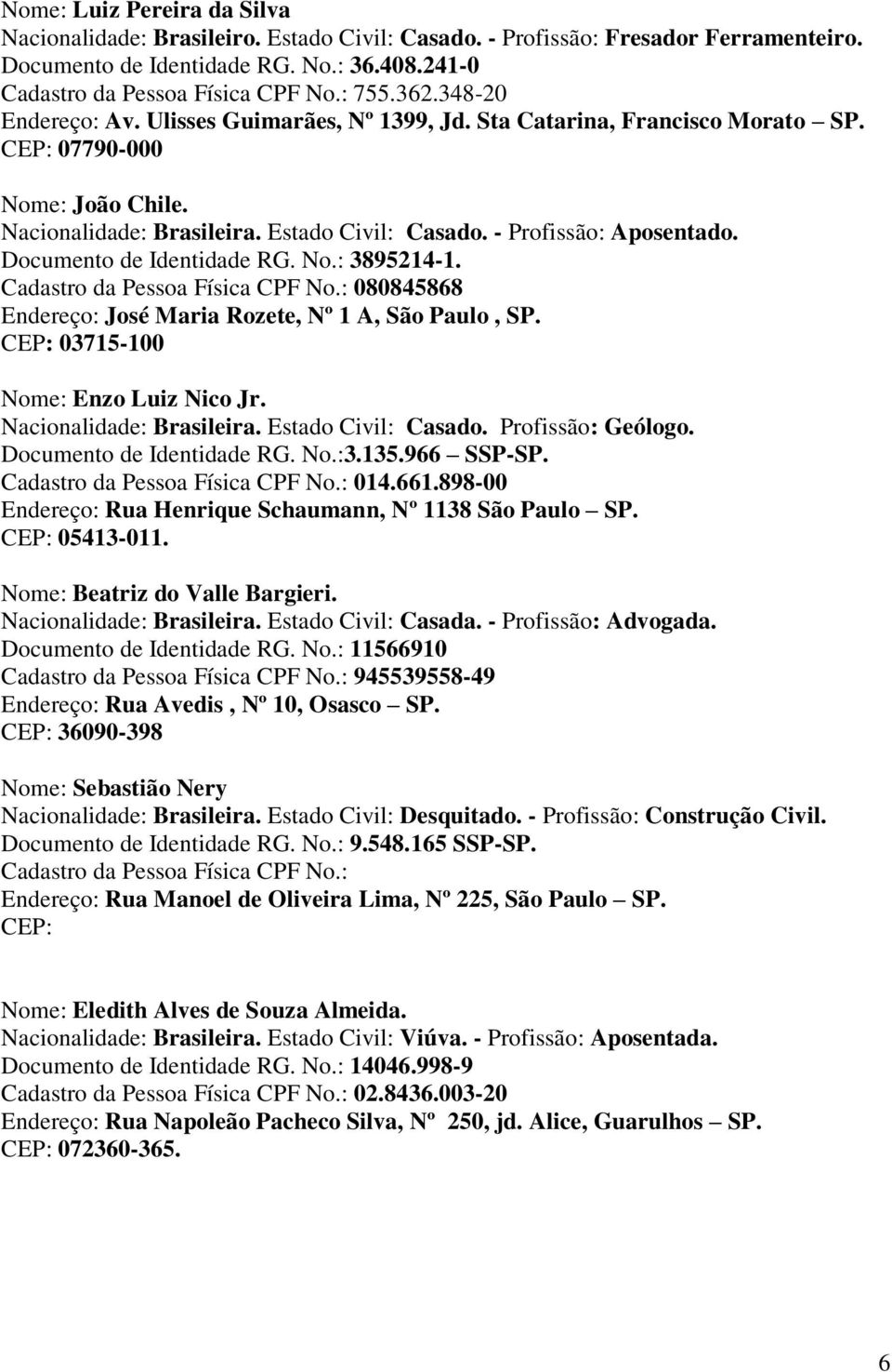 Documento de Identidade RG. No.: 3895214-1. Cadastro da Pessoa Física CPF No.: 080845868 Endereço: José Maria Rozete, Nº 1 A, São Paulo, SP. 03715-100 Nome: Enzo Luiz Nico Jr.