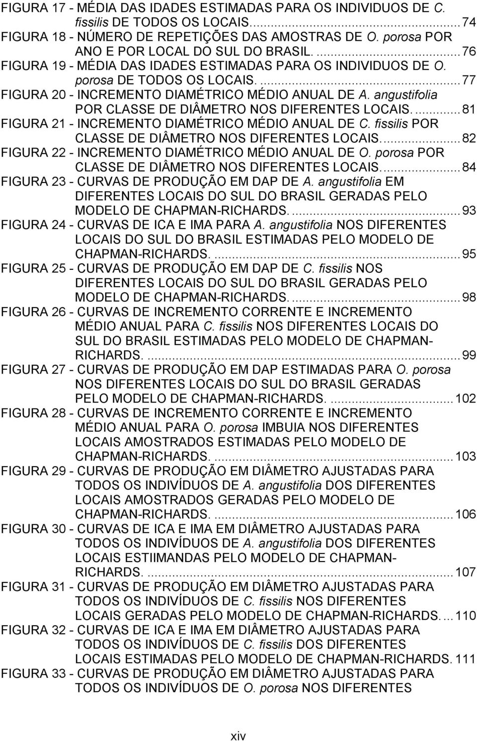 angustifolia POR CLASSE DE DIÂMETRO NOS DIFERENTES LOCAIS.... 81 FIGURA 21 INCREMENTO DIAMÉTRICO MÉDIO ANUAL DE C. fissilis POR CLASSE DE DIÂMETRO NOS DIFERENTES LOCAIS.