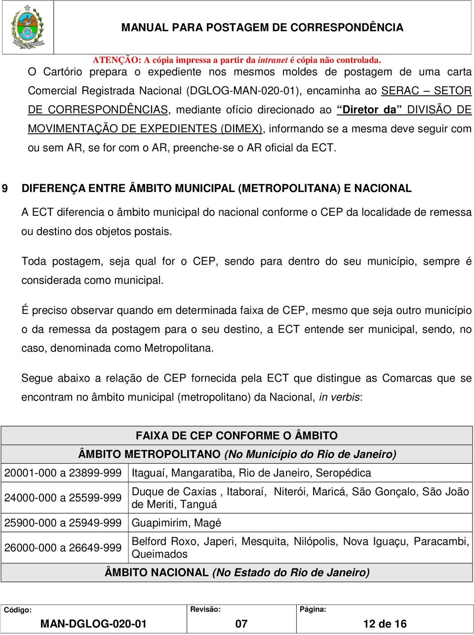 9 DIFERENÇA ENTRE ÂMBITO MUNICIPAL (METROPOLITANA) E NACIONAL A ECT diferencia o âmbito municipal do nacional conforme o CEP da localidade de remessa ou destino dos objetos postais.