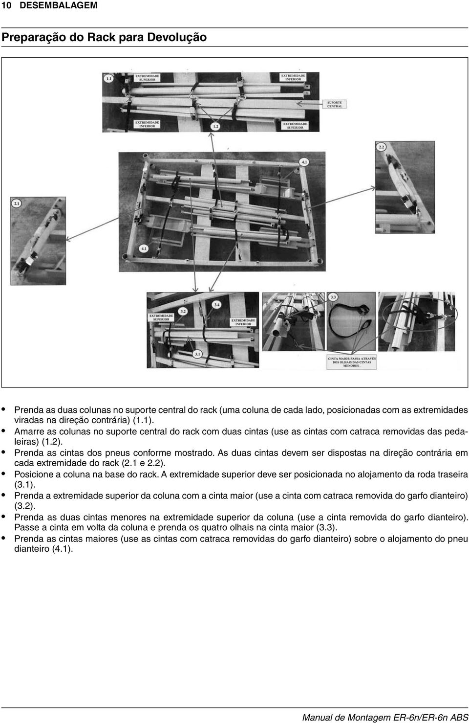 As duas cintas devem ser dispostas na direção contrária em cada extremidade do rack (2.1 e 2.2). Posicione a coluna na base do rack.