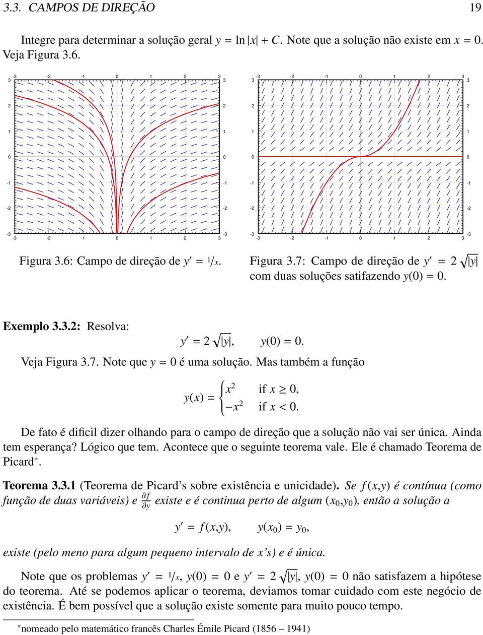 6: Campo de direção de y = 1 /x. Figura 3.7: Campo de direção de y = 2 y com duas soluções satifazendo y(0) = 0. Exemplo 3.3.2: Resolva: y = 2 y, y(0) = 0. Veja Figura 3.7. Note que y = 0 é uma solução.