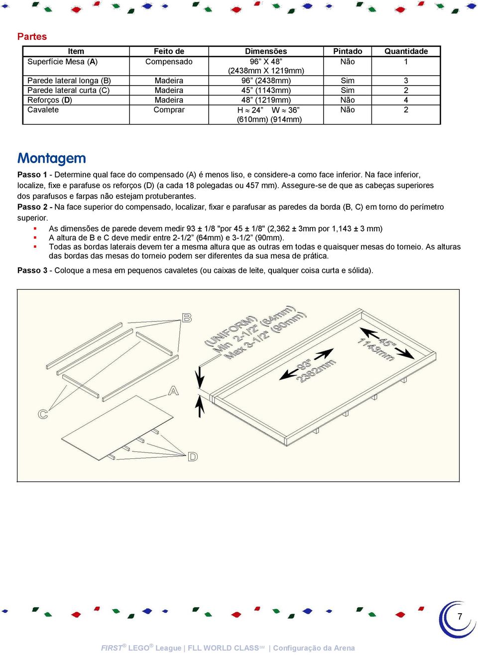 Na face inferior, localize, fixe e parafuse os reforços (D) (a cada 18 polegadas ou 457 mm). Assegure-se de que as cabeças superiores dos parafusos e farpas não estejam protuberantes.