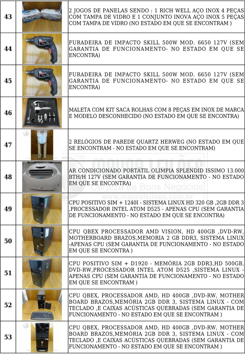 6650 127V (SEM GARANTIA DE FUNCIONAMENTO- NO ESTADO EM QUE SE 46 MALETA COM KIT SACA ROLHAS COM 8 PEÇAS EM INOX DE MARCA E MODELO DESCONHECIDO (NO ESTADO EM QUE SE 47 2 RELÓGIOS DE PAREDE QUARTZ