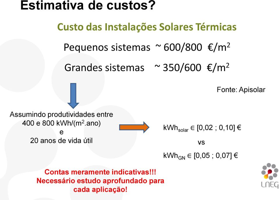 sistemas ~ 350/600 /m 2 Fonte: Apisolar Assumindo produtividades entre 400 e 800 kwh/(m