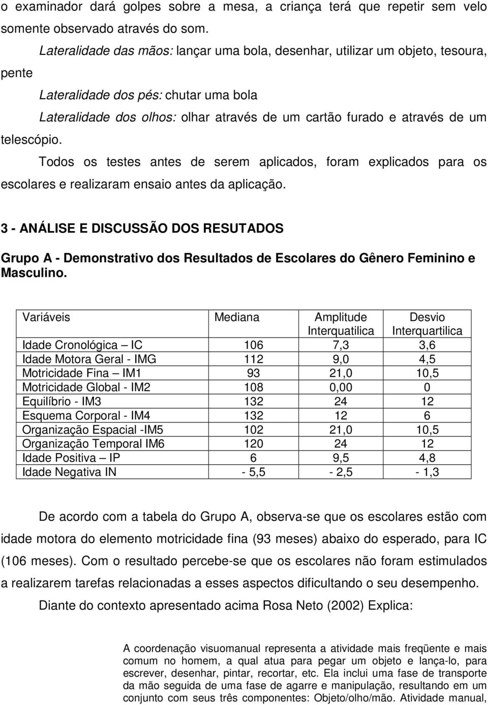 telescópio. Todos os testes antes de serem aplicados, foram explicados para os escolares e realizaram ensaio antes da aplicação.