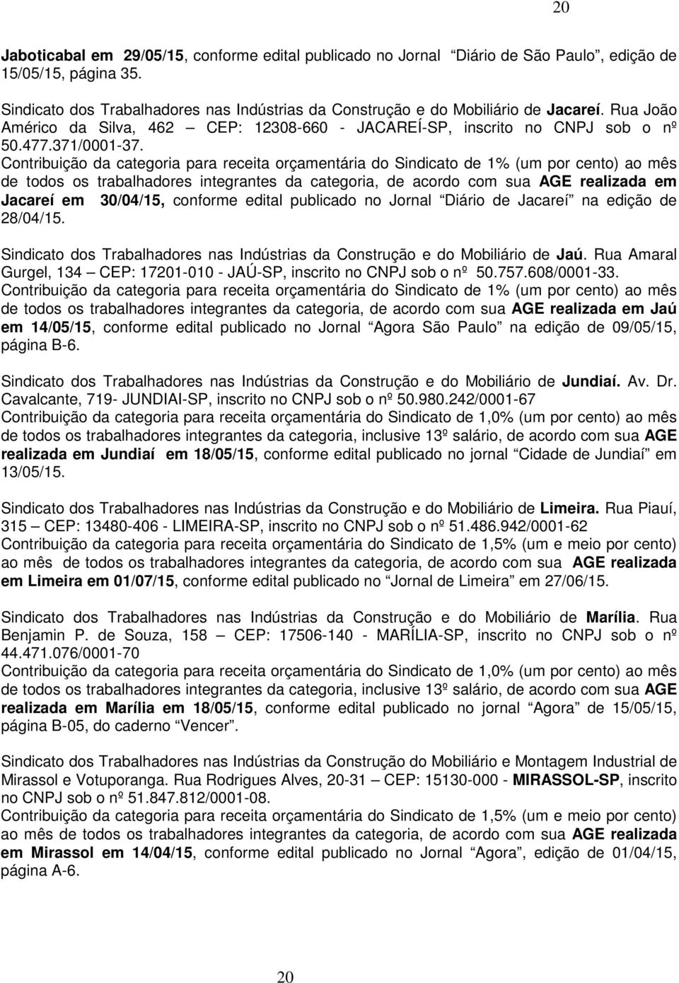 Contribuição da categoria para receita orçamentária do Sindicato de 1% (um por cento) ao mês de todos os trabalhadores integrantes da categoria, de acordo com sua AGE realizada em Jacareí em