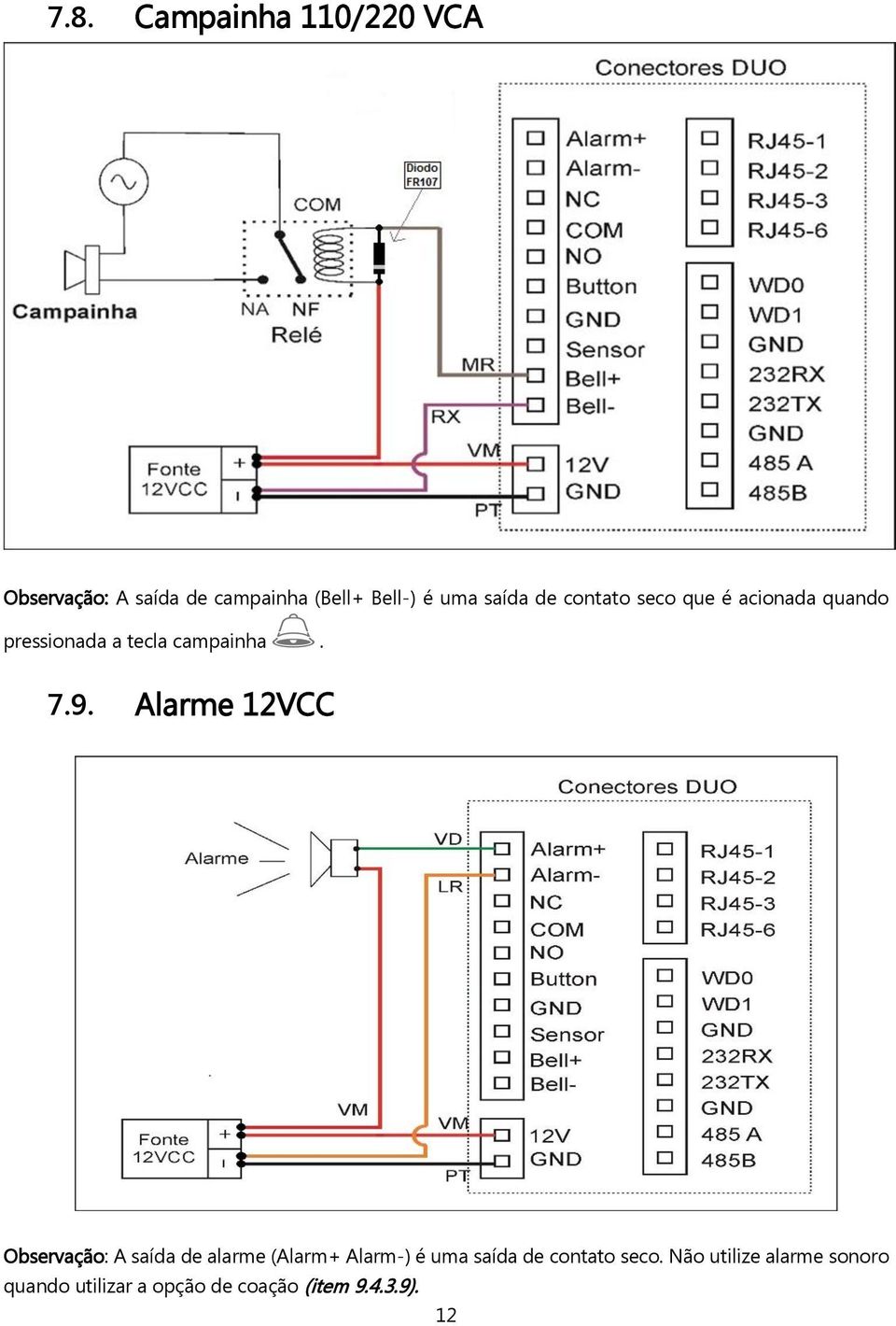 Alarme 12VCC Observação: A saída de alarme (Alarm+ Alarm-) é uma saída de contato
