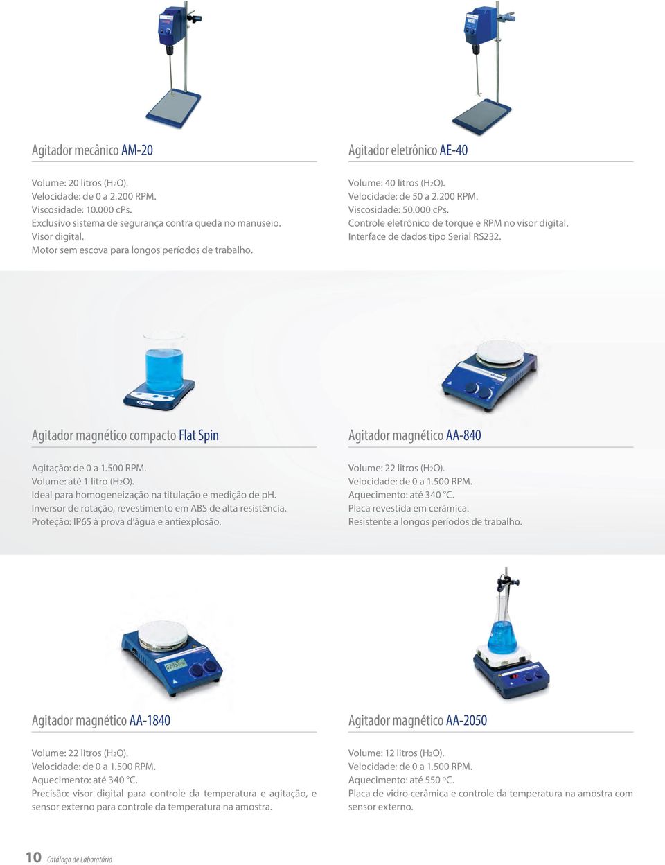 Controle eletrônico de torque e RPM no visor digital. Interface de dados tipo Serial RS232. Agitador magnético compacto Flat Spin Agitação: de 0 a 1.500 RPM. Volume: até 1 litro (H2O).