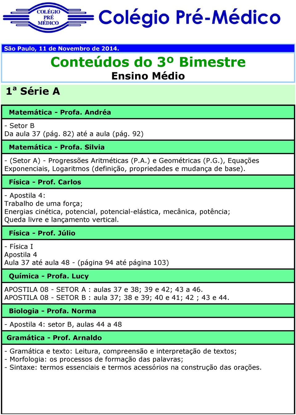 Carlos - Apostila 4: Trabalho de uma força; Energias cinética, potencial, potencial-elástica, mecânica, potência; Queda livre e lançamento vertical. Física - Prof.