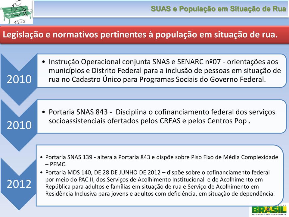 Governo Federal. 2010 Portaria SNAS 843 - Disciplina o cofinanciamento federal dos serviços socioassistenciais ofertados pelos CREAS e pelos Centros Pop.
