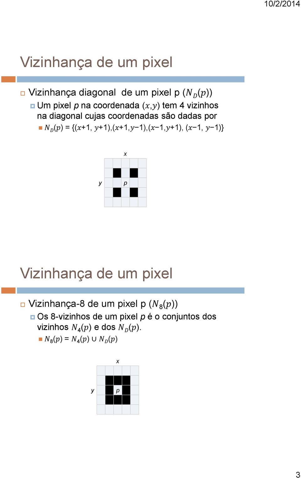 1,y+1), (x 1, y 1)} x y p Vizinhança de um pixel Vizinhança-8 de um pixel p (N 8 (p)) Os