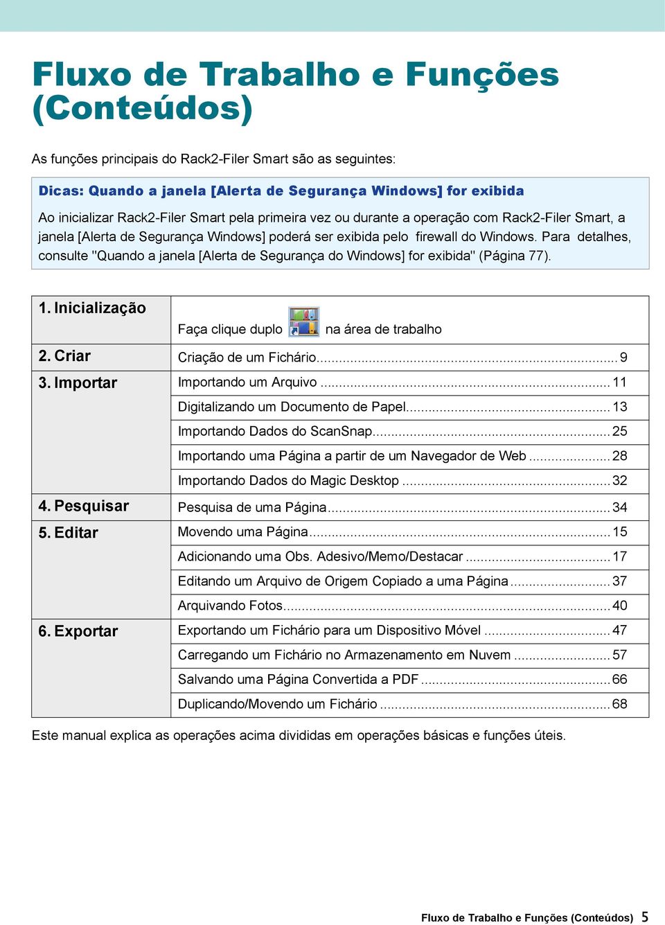 Para detalhes, consulte "Quando a janela [Alerta de Segurança do Windows] for exibida" (Página 77). 1. Inicialização Faça clique duplo na área de trabalho 2. Criar Criação de um Fichário...9 3.