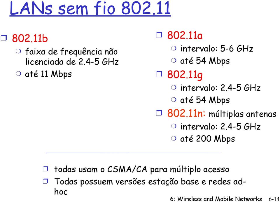 4-5 GHz até 54 Mbps 802.11n: múltiplas antenas intervalo: 2.