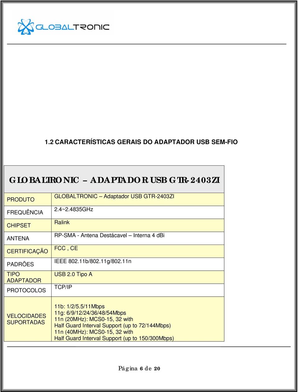 4835GHz Ralink RP-SMA - Antena Destácavel Interna 4 dbi FCC, CE IEEE 802.11b/802.11g/802.11n USB 2.