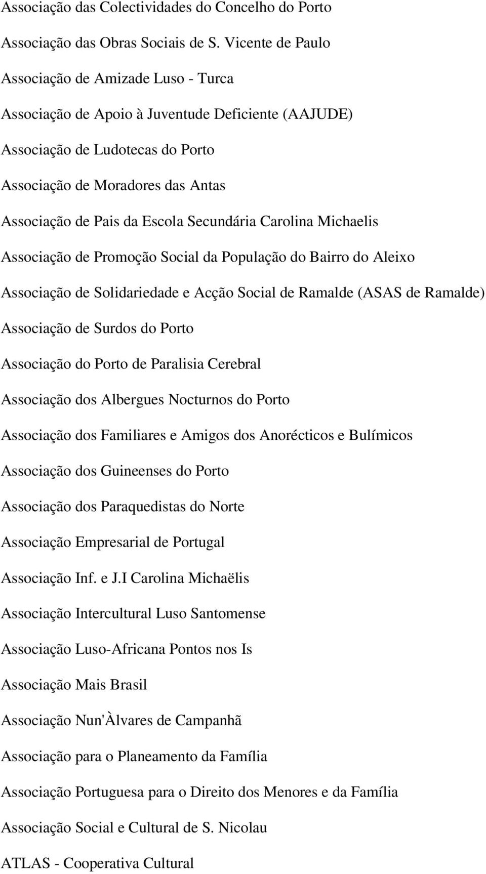 Secundária Carolina Michaelis Associação de Promoção Social da População do Bairro do Aleixo Associação de Solidariedade e Acção Social de Ramalde (ASAS de Ramalde) Associação de Surdos do Porto