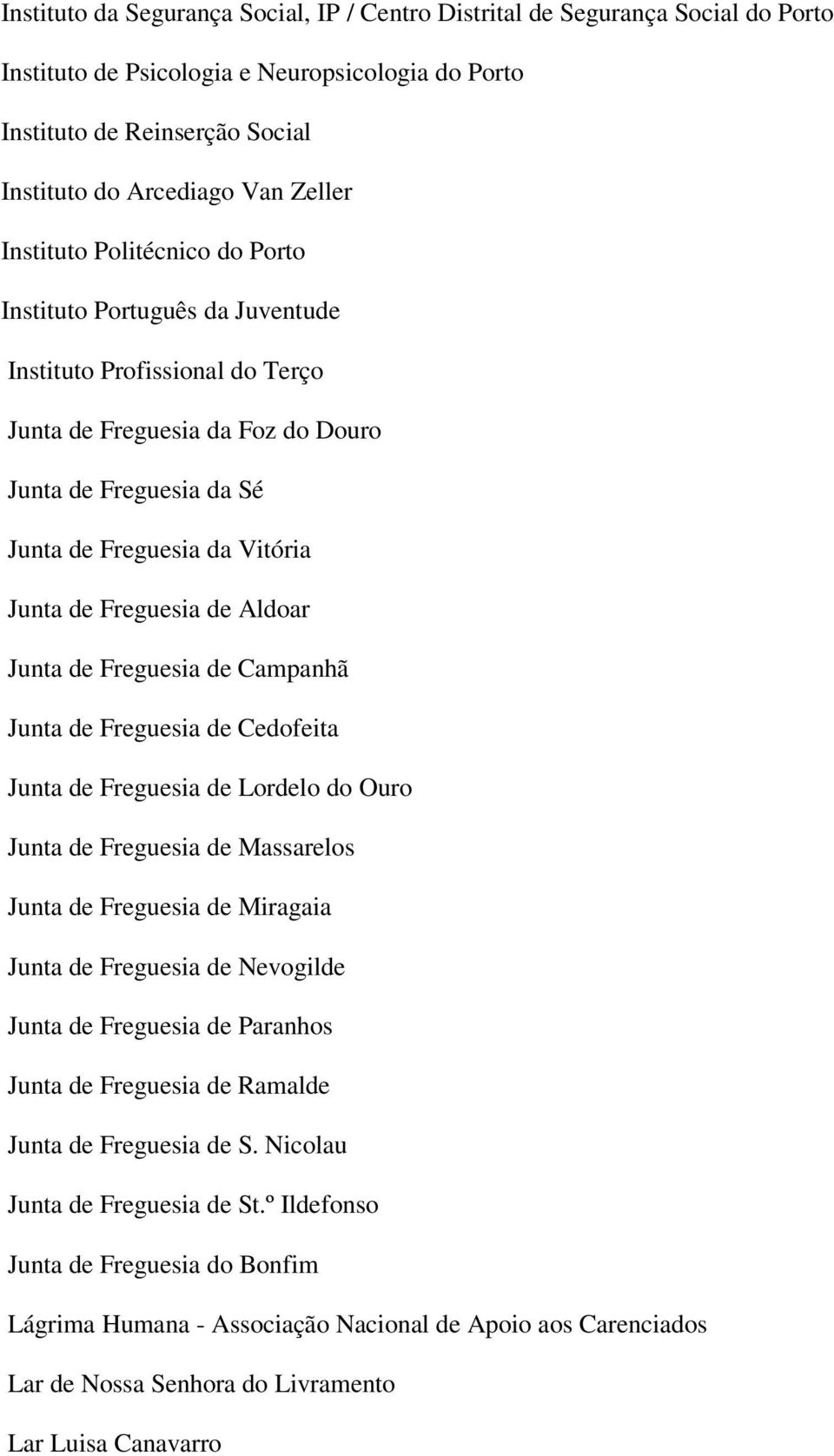 Freguesia de Aldoar Junta de Freguesia de Campanhã Junta de Freguesia de Cedofeita Junta de Freguesia de Lordelo do Ouro Junta de Freguesia de Massarelos Junta de Freguesia de Miragaia Junta de