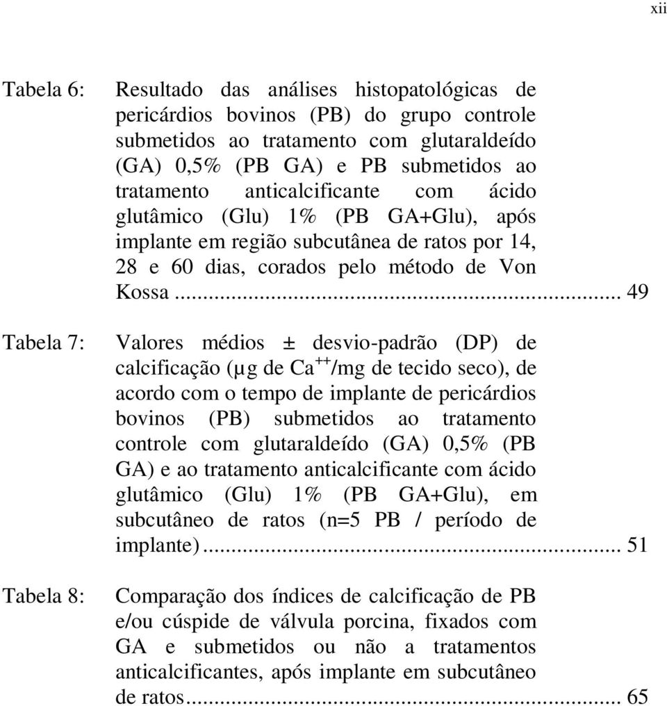 .. 49 Valores médios ± desvio-padrão (DP) de calcificação (µg de Ca ++ /mg de tecido seco), de acordo com o tempo de implante de pericárdios bovinos (PB) submetidos ao tratamento controle com