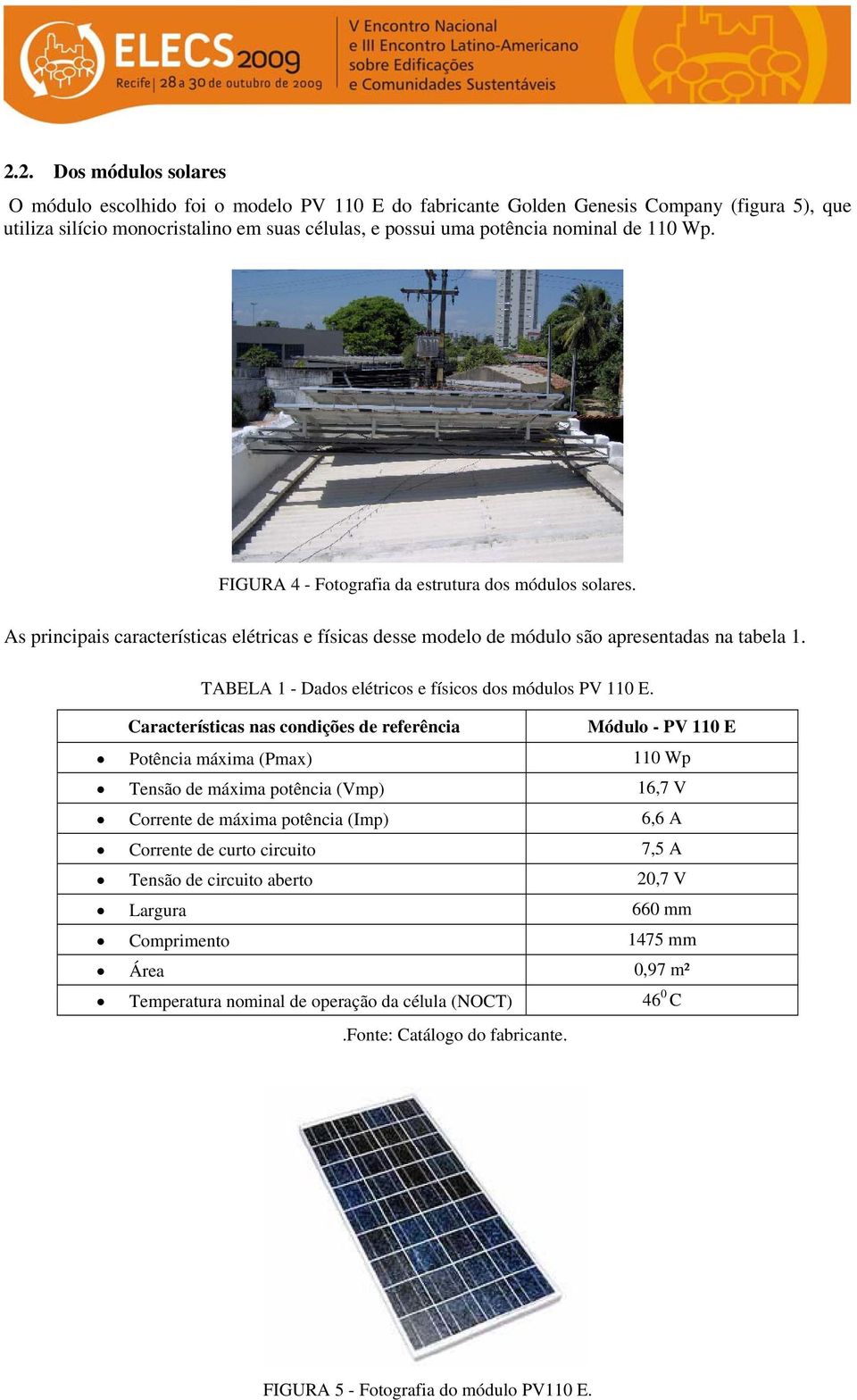 TABELA 1 - Dados elétricos e físicos dos módulos PV 110 E.