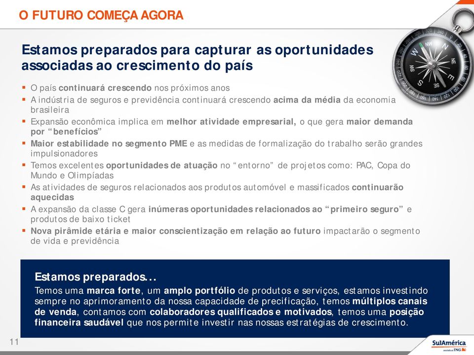 formalização do trabalho serão grandes impulsionadores Temos excelentes oportunidades de atuação no entorno de projetos como: PAC, Copa do Mundo e Olimpíadas As atividades de seguros relacionados aos