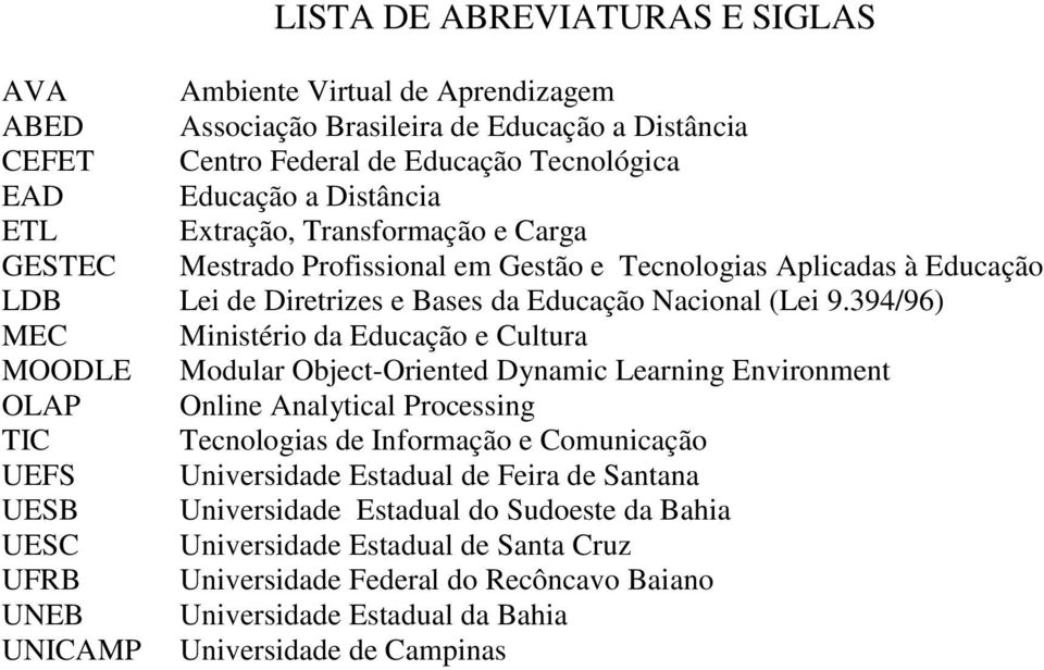 394/96) MEC Ministério da Educação e Cultura MOODLE Modular Object-Oriented Dynamic Learning Environment OLAP Online Analytical Processing TIC Tecnologias de Informação e Comunicação UEFS