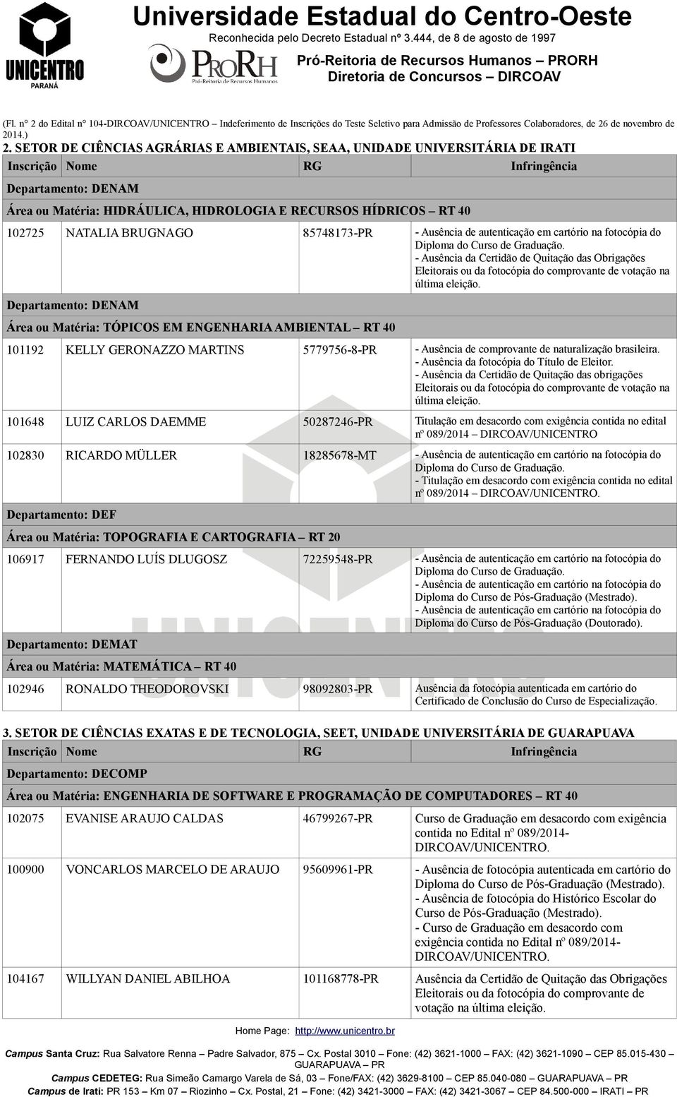 - Ausência de autenticação em cartório na fotocópia do Diploma do - Ausência da Certidão de Quitação das Obrigações Departamento: DENAM Área ou Matéria: TÓPICOS EM ENGENHARIA AMBIENTAL RT 40 101192