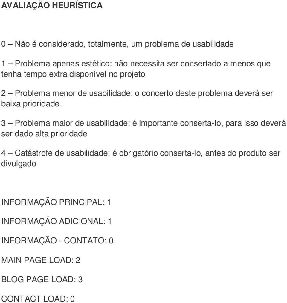 3 Problema maior de usabilidade: é importante conserta-lo, para isso deverá ser dado alta prioridade 4 Catástrofe de usabilidade: é obrigatório