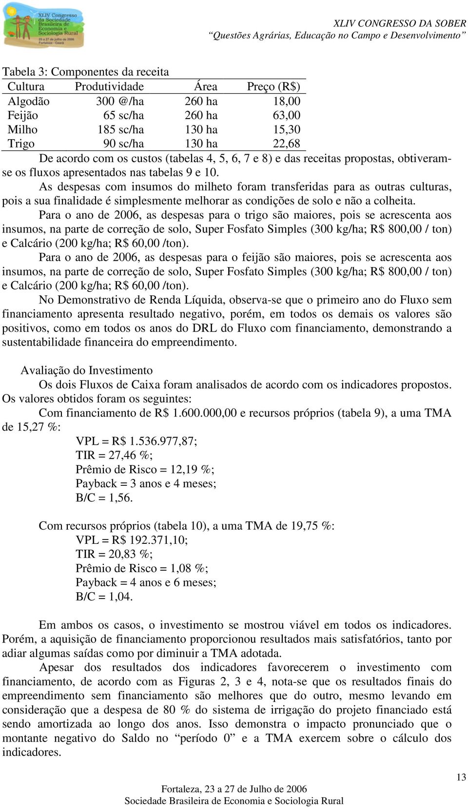 As despesas com insumos do milheto foram transferidas para as outras culturas, pois a sua finalidade é simplesmente melhorar as condições de solo e não a colheita.