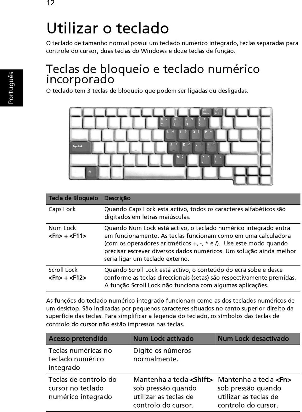 Tecla de Bloqueio Caps Lock Num Lock <Fn> + <F11> Scroll Lock <Fn> + <F12> Descrição Quando Caps Lock está activo, todos os caracteres alfabéticos são digitados em letras maiúsculas.