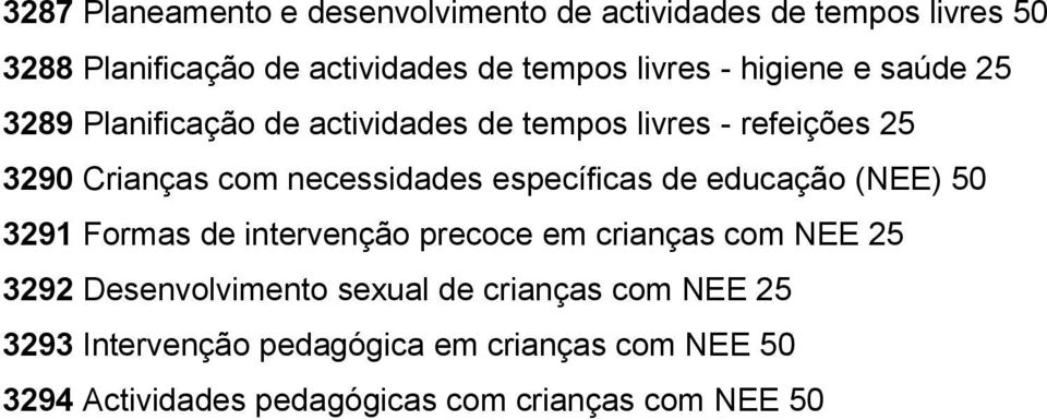 específicas de educação (NEE) 50 3291 Formas de intervenção precoce em crianças com NEE 25 3292 Desenvolvimento sexual