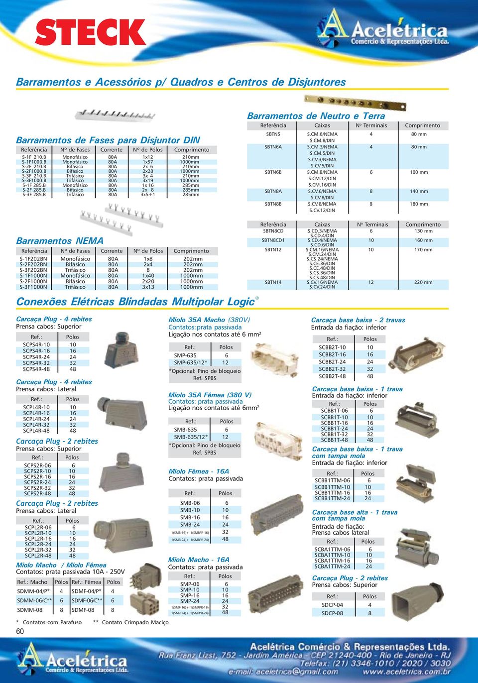 B Bifásico 80A x 8 85mm S-F 85.B Trifásico 80A x5+ 85mm Barramentos de Neutro e Terra Referência Caixas N o Terminais Comprimento SBTN5 S.CM.6/NEMA 80 mm S.CM.8/DIN SBTN6A S.CM./NEMA 80 mm S.CM.5/DIN S.