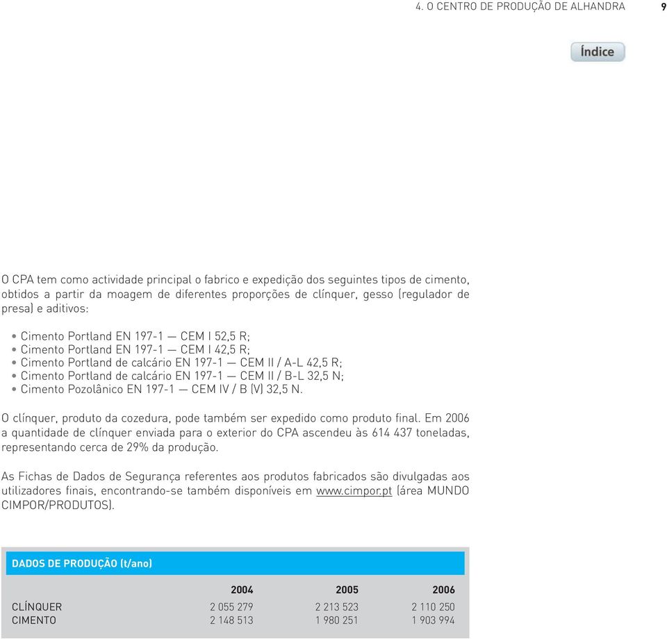 calcário EN 197-1 CEM II / B-L 32,5 N; Cimento Pozolânico EN 197-1 CEM IV / B (V) 32,5 N. O clínquer, produto da cozedura, pode também ser expedido como produto final.