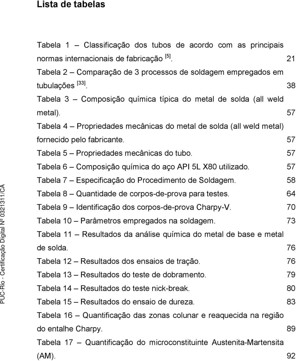 57 Tabela 5 Propriedades mecânicas do tubo. 57 Tabela 6 Composição química do aço API 5L X80 utilizado. 57 Tabela 7 Especificação do Procedimento de Soldagem.