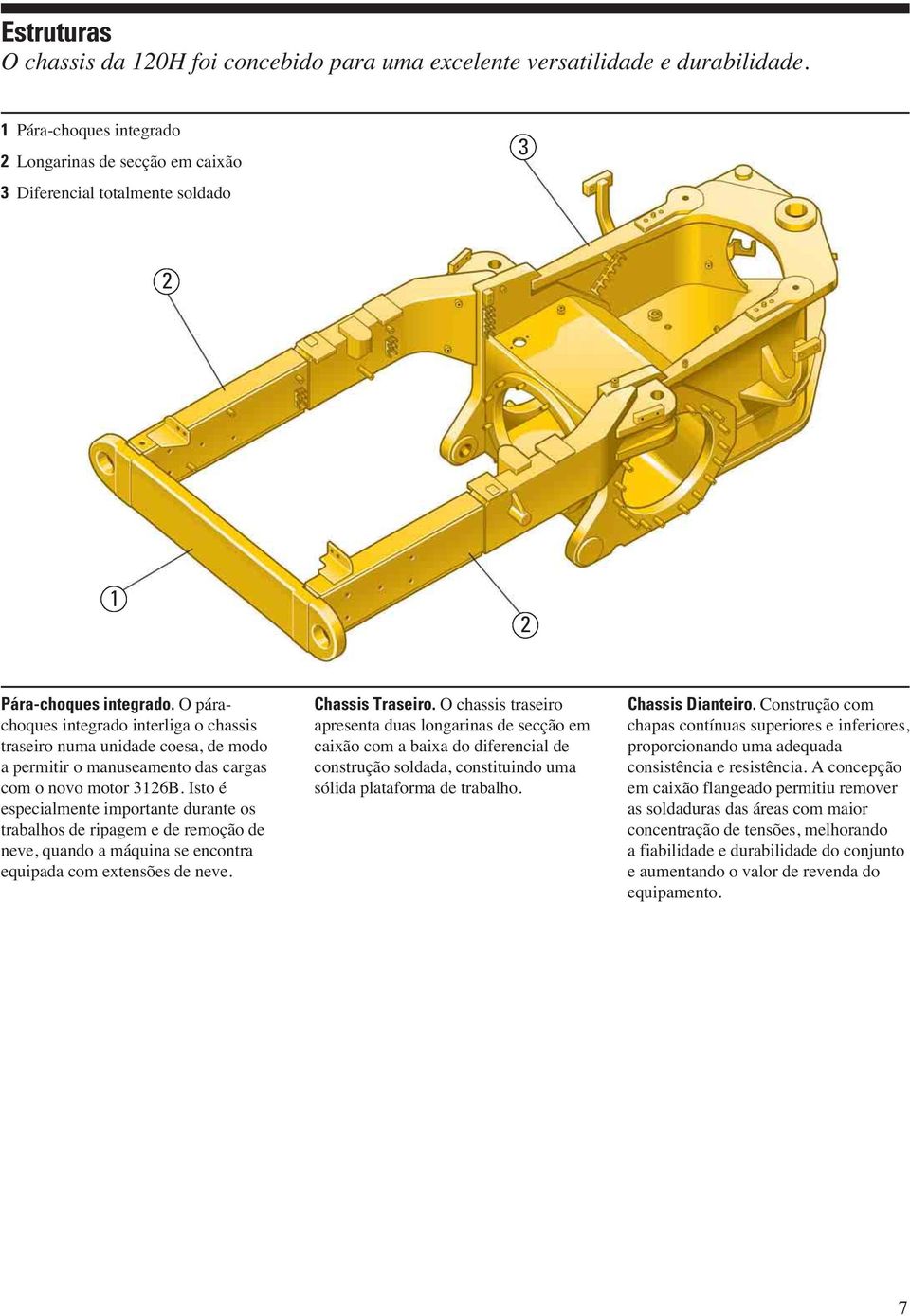 O párachoques integrado interliga o chassis traseiro numa unidade coesa, de modo a permitir o manuseamento das cargas com o novo motor 3126B.