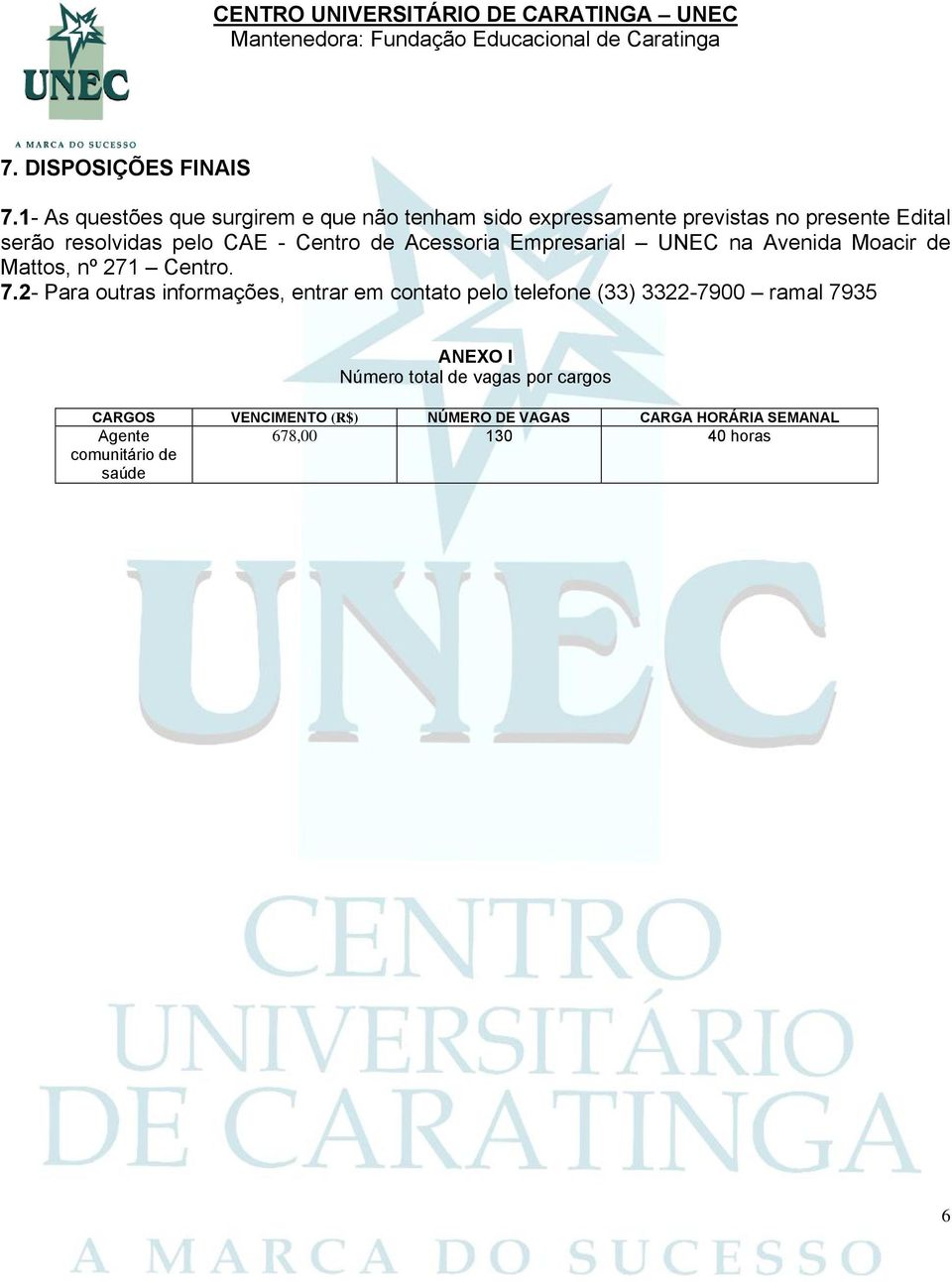 CAE - Centro de Acessoria Empresarial UNEC na Avenida Moacir de Mattos, nº 271 Centro. 7.