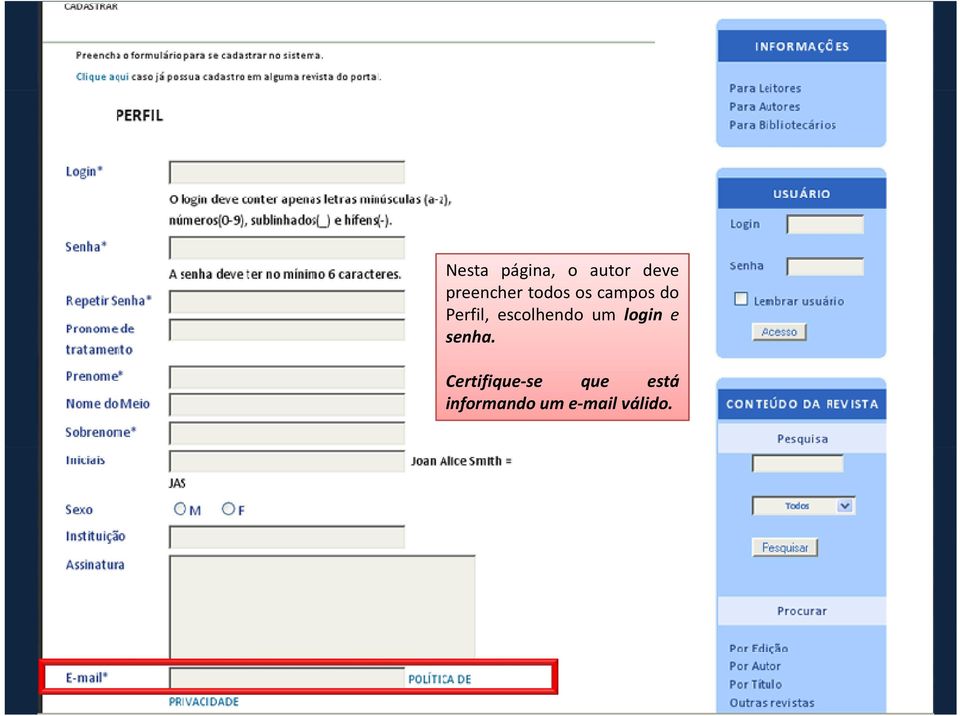 Perfil, escolhendo um login e senha.