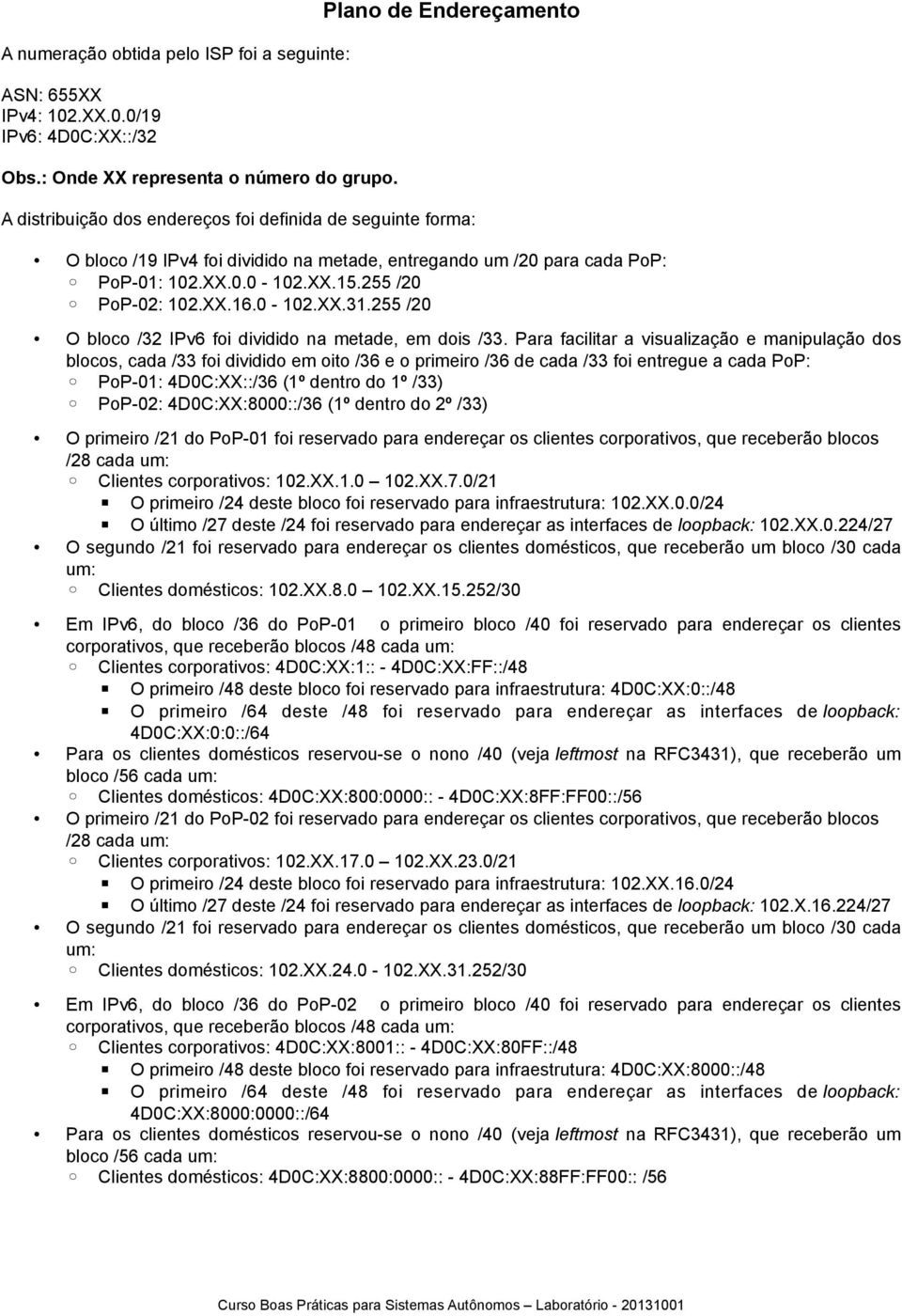 255 /20 PoP-02: 102.XX.16.0-102.XX.31.255 /20 O bloco /32 IPv6 foi dividido na metade, em dois /33.