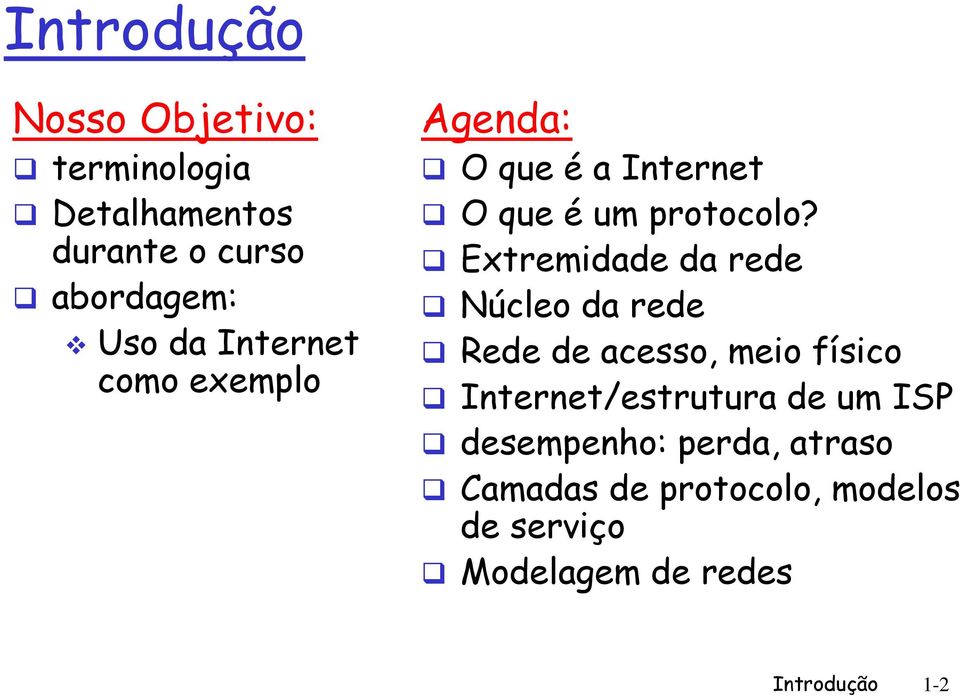 Extremidade da rede Núcleo da rede Rede de acesso, meio físico Internet/estrutura de um