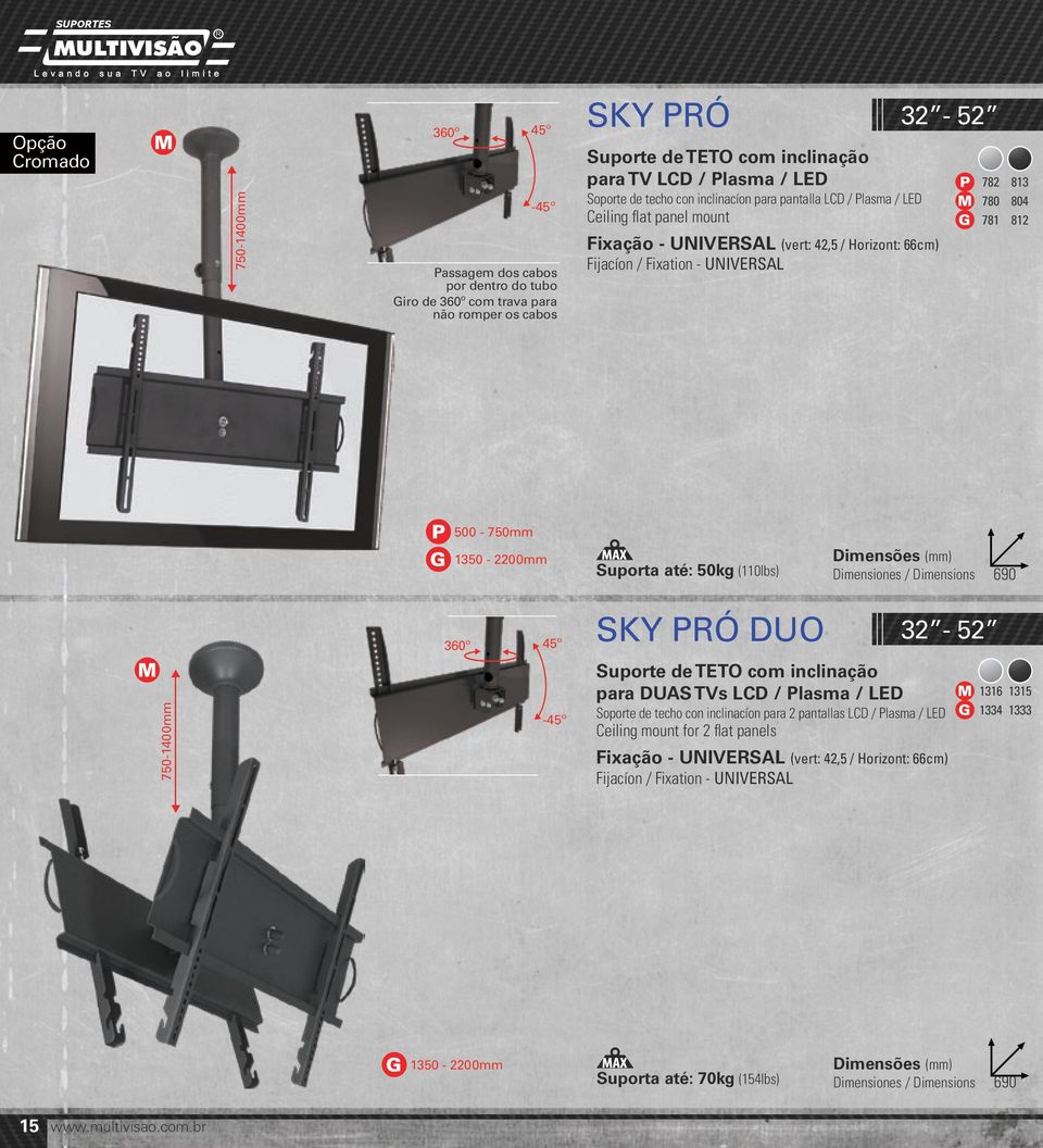 1350-2200mm Suporta até: 50kg (110lbs) 690 360º 45º SKY PRÓ DUO 32-52 750-1400mm -45º Suporte de TETO com inclinação para DUAS TVs LCD / Plasma / LED Soporte de techo con inclinacíon para 2