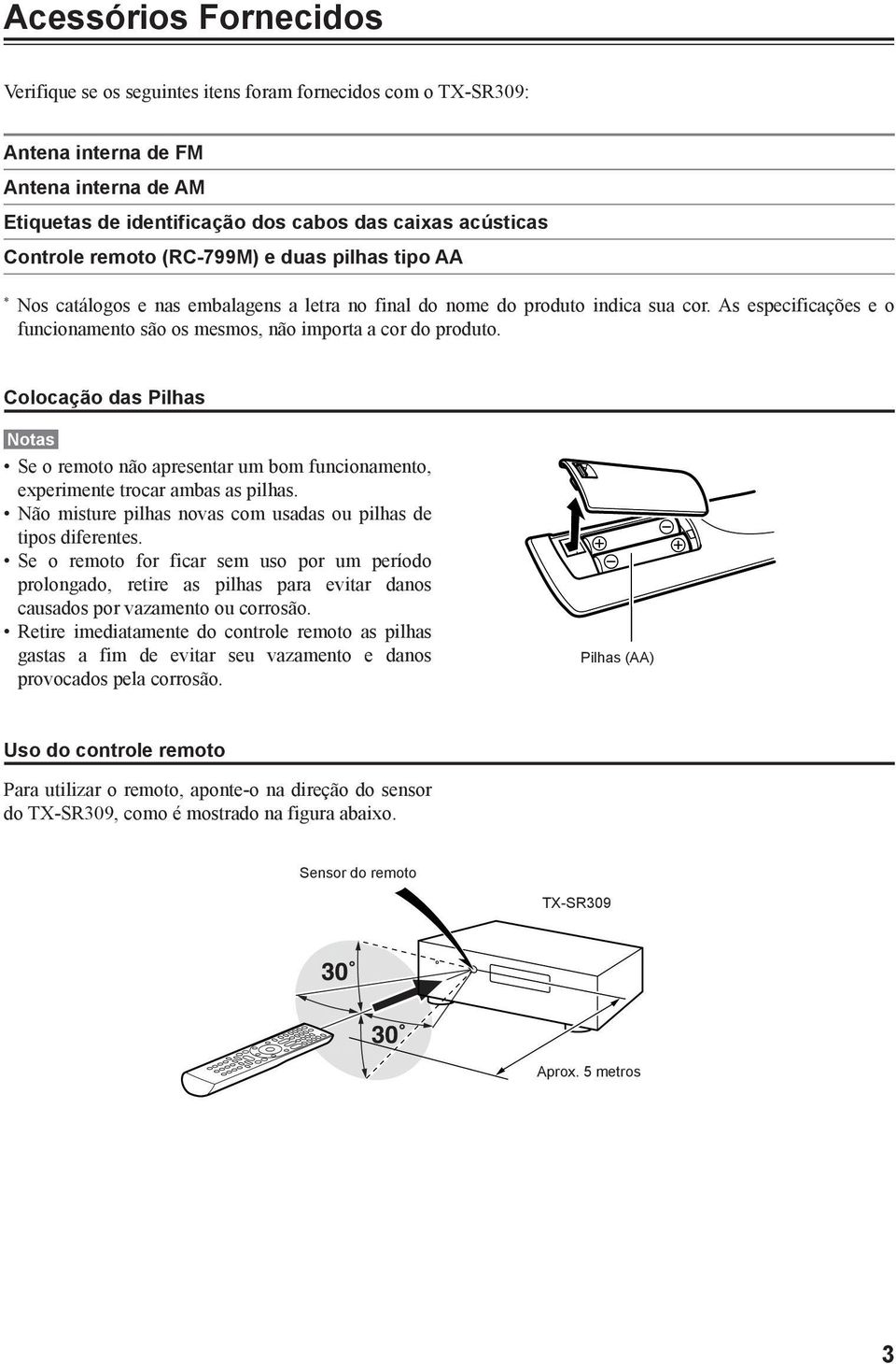 As especificações e o funcionamento são os mesmos, não importa a cor do produto. Colocação das Pilhas Notas Se o remoto não apresentar um bom funcionamento, experimente trocar ambas as pilhas.