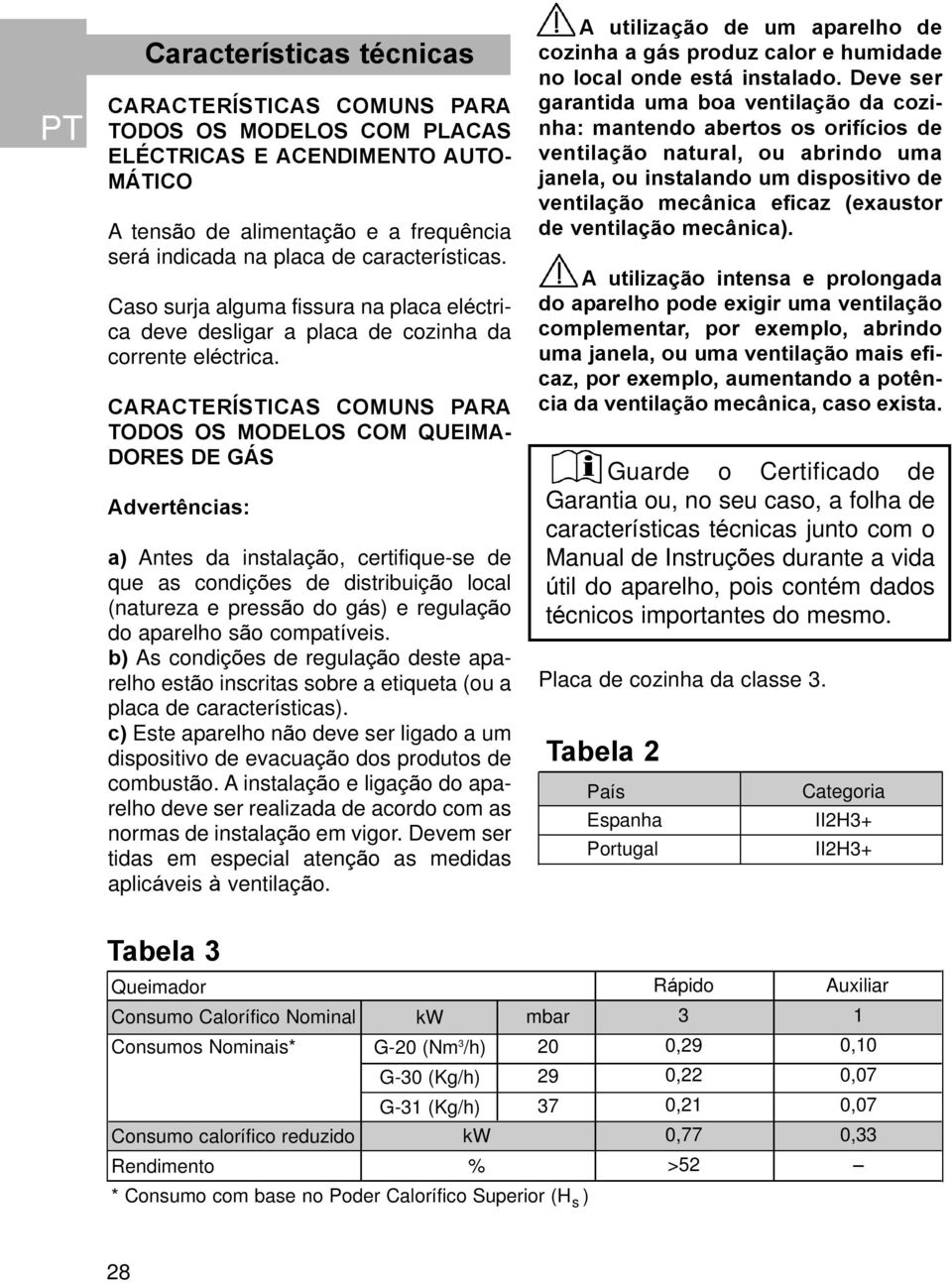 CARACTERÍSTICAS COMUNS PARA TODOS OS MODELOS COM QUEIMA- DORES DE GÁS Advertências: a) Antes da instalação, certifique-se de que as condições de distribuição local (natureza e pressão do gás) e