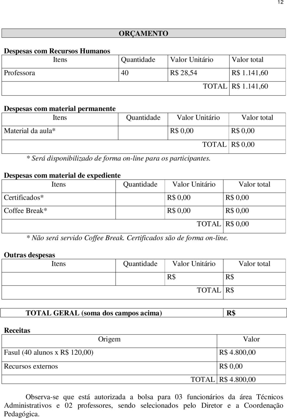 TOTAL R$ 0,00 Despesas com material de expediente Itens Quantidade Valor Unitário Valor total Certificados* R$ 0,00 R$ 0,00 Coffee Break* R$ 0,00 R$ 0,00 TOTAL R$ 0,00 * Não será servido Coffee Break.