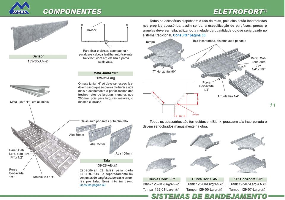 Tampa Tala incorporada, sistema auto portante Divisor 139-30-lt- Para fixar o divisor, acompanha 4 parafusos cabeça lentilha auto-travante 1/4 x1/2, com arruela lisa e porca sextavada.